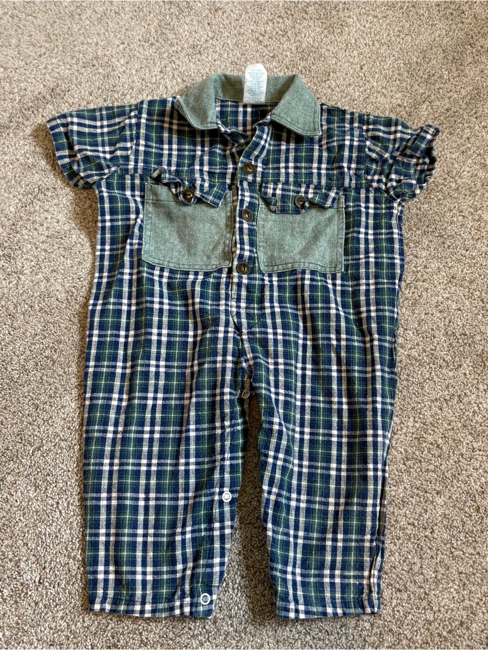 Vintage Baby Boy Romper Plaid Collared Western Cotton Size 3-6m blue & green